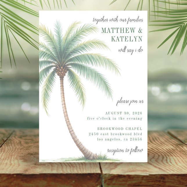 Convites Casamento Verde de Palm Tree Tropical Island Water (Palm Tree Island Destination Wedding Invitation)