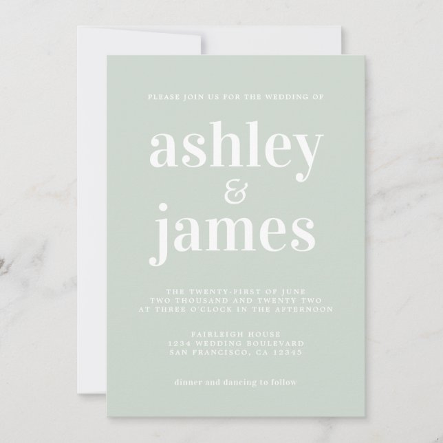 Convites Casamento Verde de Pastel com Tipografia Mínima Mo (Frente)