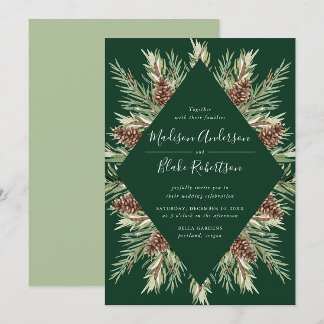 Convites Casamento Verde de Pine Cone de Pinho Aquático de  (Frente/Verso)