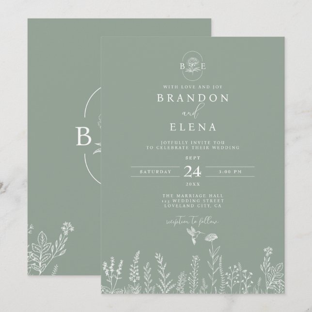 Convites Casamento Verde De Sage Botânica Simples Elegante (Frente/Verso)