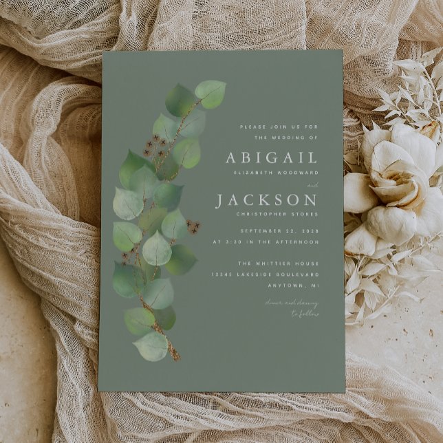 Convites Casamento Verde de Sage Dourada Eucalyptus (The perfect choice for a eucalyptus themed wedding with a sage green color palette.)