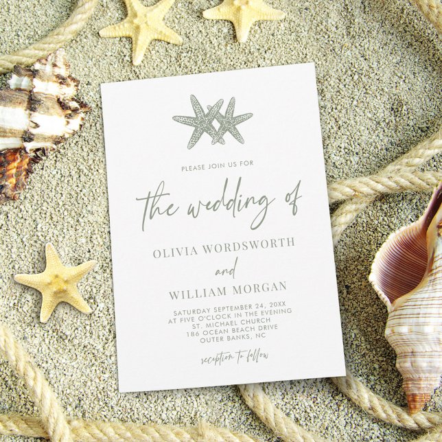 Convites Casamento Verde de Sage em Starfish, Moderno (Criador carregado)