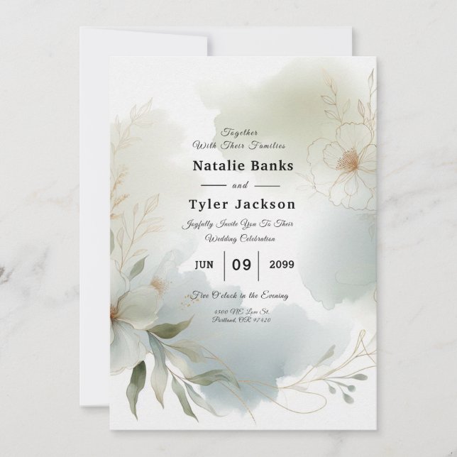 Convites Casamento Verde de Sage Floral de Molho (Frente)