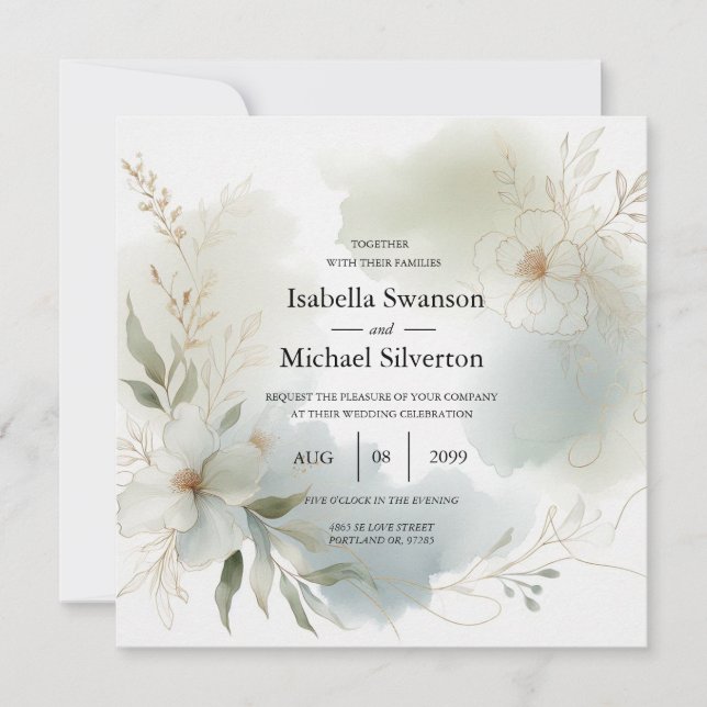 Convites Casamento Verde de Sage Floral de Molho (Frente)