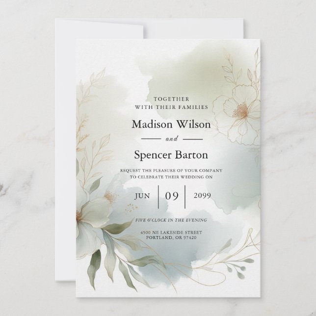 Convites Casamento Verde de Sage Floral de Molho (Frente)