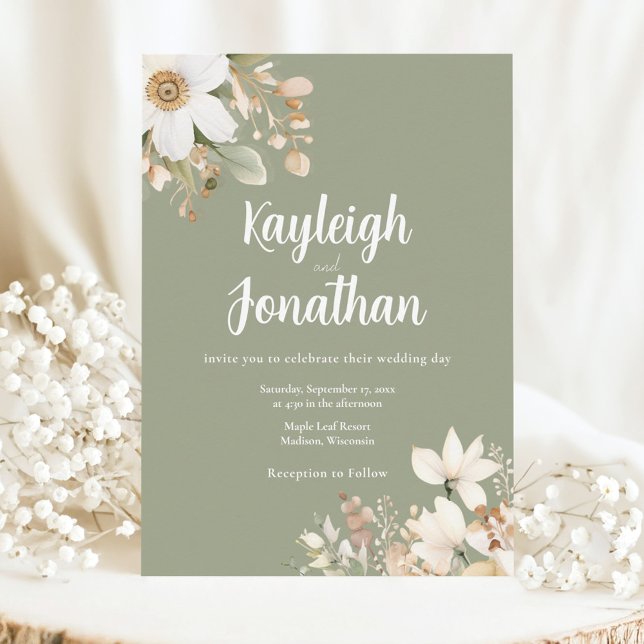 Convites Casamento Verde de Sage Floral Floral Modern Water (Criador carregado)