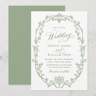 Convites Casamento Verde de Sage Floral Ornamentado Vitoria
