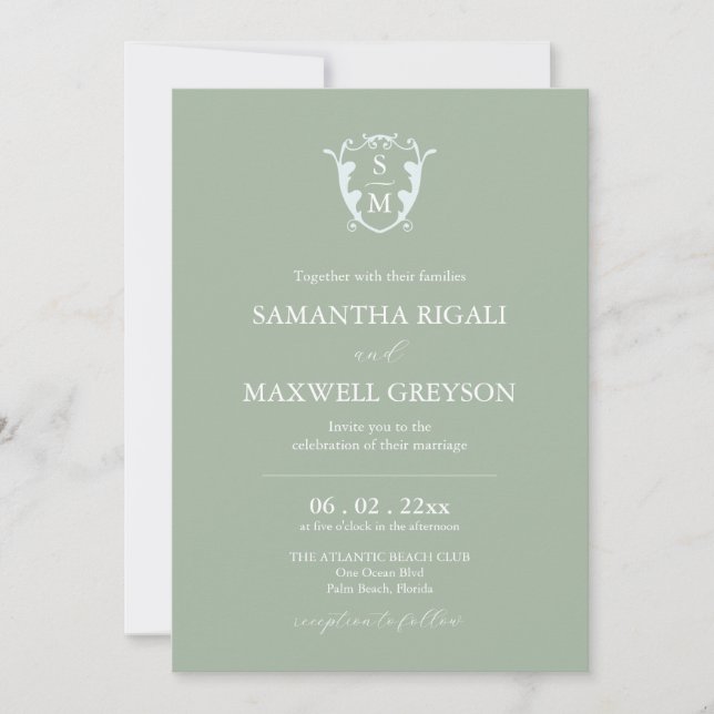 Convites Casamento Verde de Sage Personalizável em Paixão M (Frente)