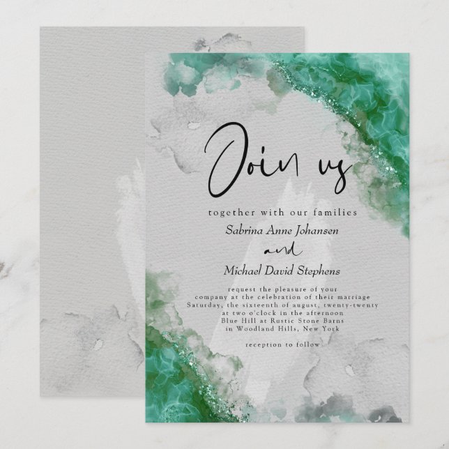 Convites CASAMENTO | Verde de Vidro Mar Abstrato Tinta Álco (Frente/Verso)