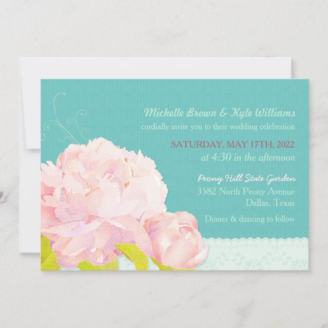 Convites Casamento Verde de Watercolor Peony Lagoon (Frente)
