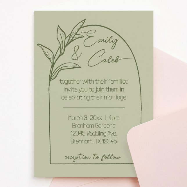 Convites Casamento Verde do Arch Folha Moderno (wedding invitation sage green leaves arch cursive script. Calm, romantic, botanical leaf invite)