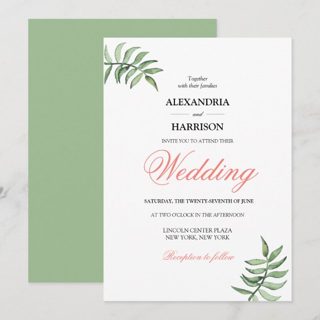 Convites Casamento Verde do Coral Botânico Moderno (Frente/Verso)