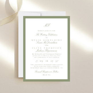 Convites Casamento verde do Monograma Clássico com Moldura