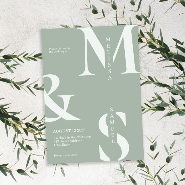 Convites Casamento Verde do Monograma Elegante Moderno (Modern Elegant Monogram Sage Green Wedding Invitation)