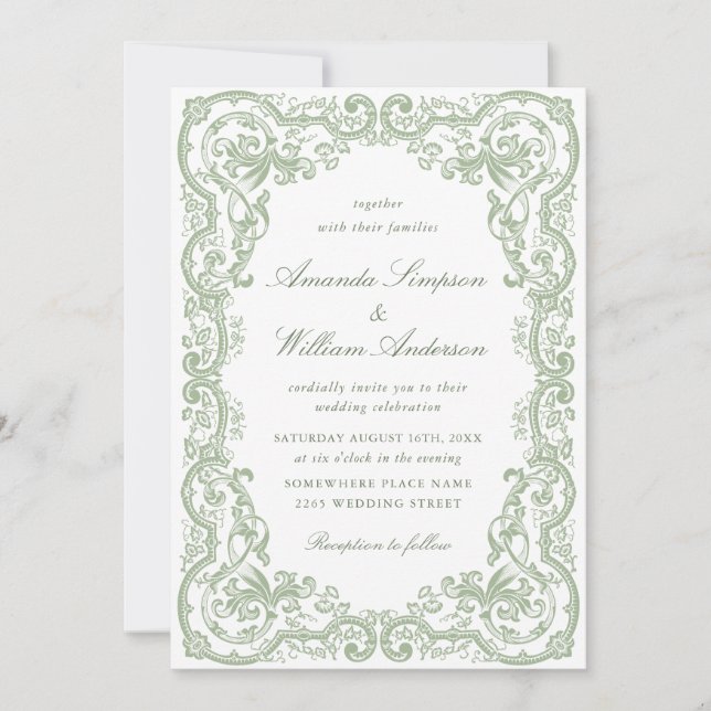Convites Casamento Verde do Ornamentado Floral Sage (Frente)