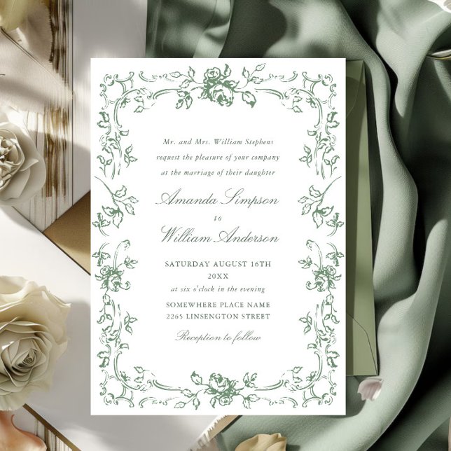 Convites Casamento Verde do Ornamentado Floral Sage (Criador carregado)
