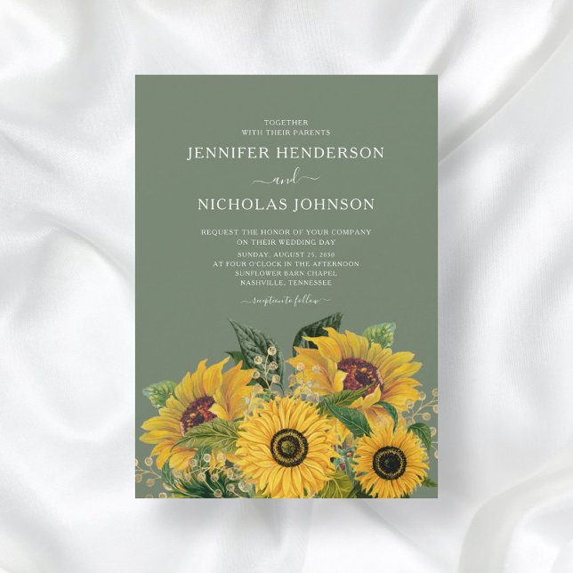 Convites Casamento Verde dos Florais Sunflower Elegante (Criador carregado)