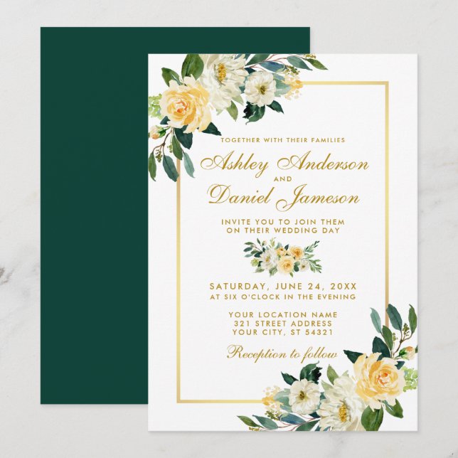 Convites Casamento Verde Dourado Amarelo Floral Elegante (Frente/Verso)