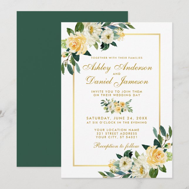 Convites Casamento Verde Dourado Amarelo Floral Elegante (Frente/Verso)