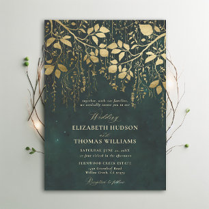 Convites Casamento Verde Dourado com Folhagem de Florestas