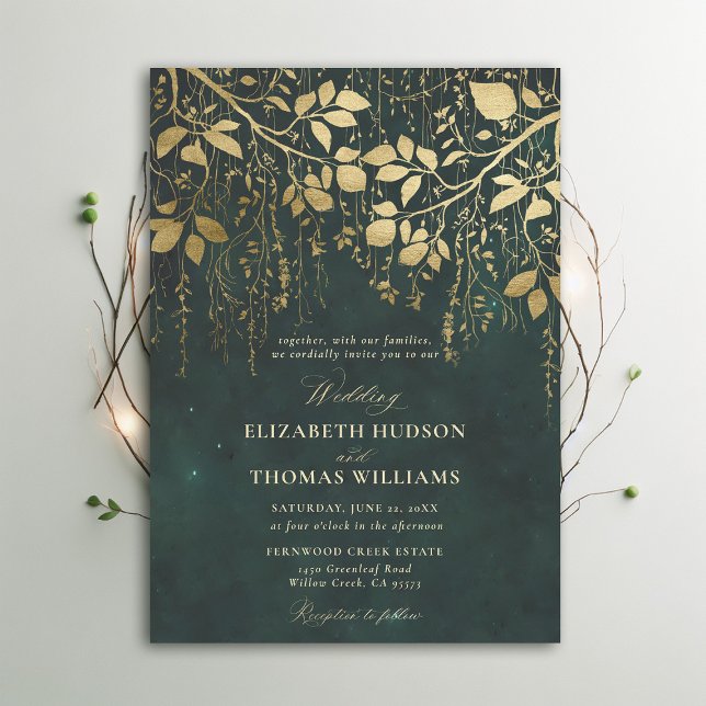 Convites Casamento Verde Dourado com Folhagem de Florestas  (Enchanted Forest Emerald Green Draped Greenery Modern Calligraphy Wedding Invitation)