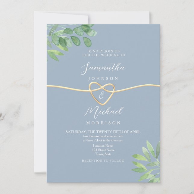 Convites Casamento Verde Dourado Coração Poeira Azul (Frente)