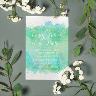 Convites Casamento Verde e Azul de Aquarela