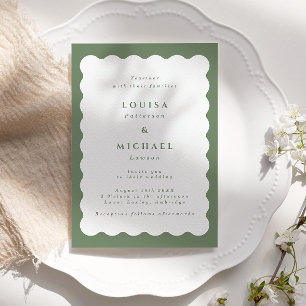 Convites Casamento Verde e Branco com Borda Ondulada Boho