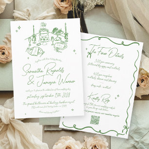 Convites Casamento Verde e Branco Desenhado à Mão Retroativ