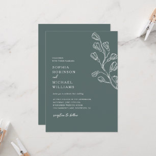 Convites Casamento Verde e Branco Moderno Floral Escuro Bot