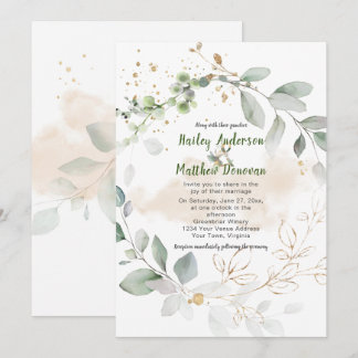 Convites Casamento Verde e Dourado em Verde Botânico |