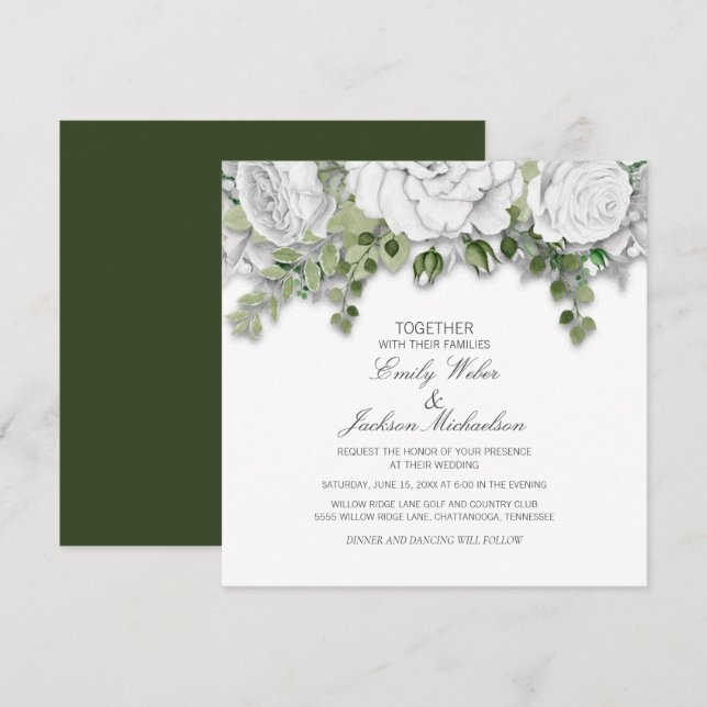 Convites Casamento Verde e Floral Branco Elegante (Frente/Verso)