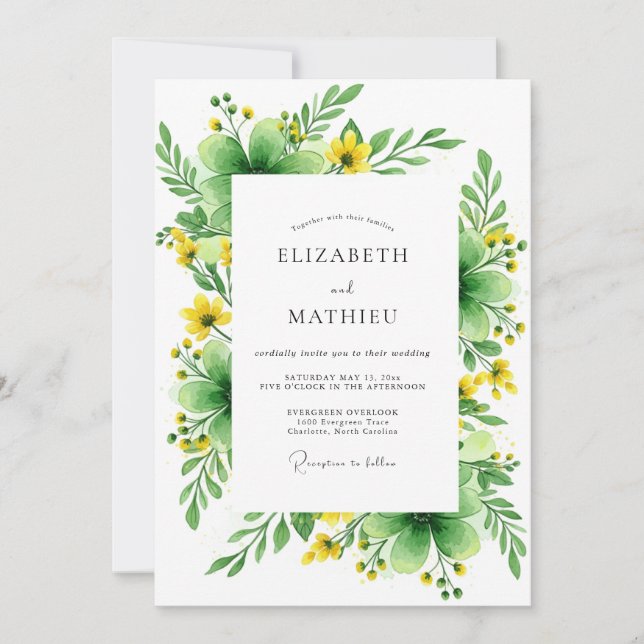 Convites Casamento Verde e Florido de Verão (Frente)