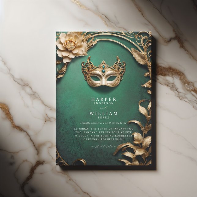 Convites Casamento verde e Mascarada de ouro entonado (Theater green ornated masquerade wedding invitation with a vintage flair)