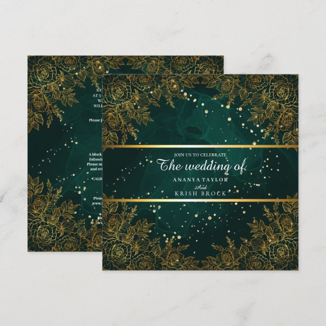 Convites Casamento verde e preto elegante (Frente/Verso)
