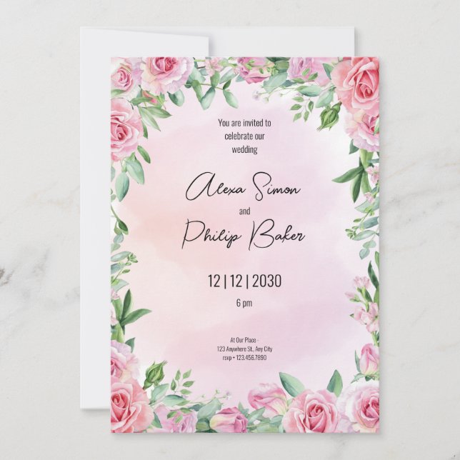 Convites Casamento Verde e Rosa, Flor Verde com Aquarela (Frente)