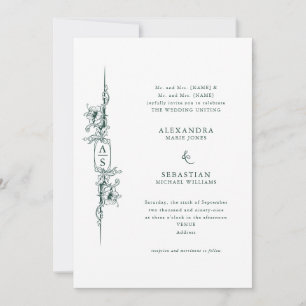 Convites Casamento Verde Elegante Barroco Floral Crest Emer