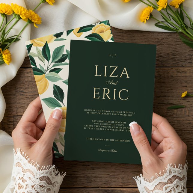 Convites Casamento Verde Elegante de Árvore Floral de Lemon (Lemon Blossom Floral Tree Elegant Green Wedding Invitation)