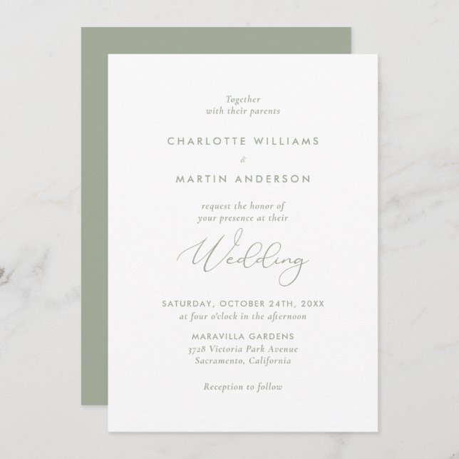 Convites Casamento Verde Elegante do Script Moderno Sage (Frente/Verso)