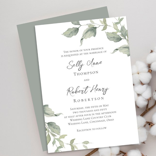 Convites Casamento Verde em Verde (Elegant green foliage leaves wedding invitations. )