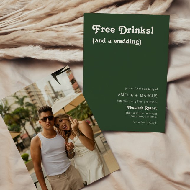 Convites Casamento Verde Escuro Bebidas Grátis Chic Retro M (Criador carregado)