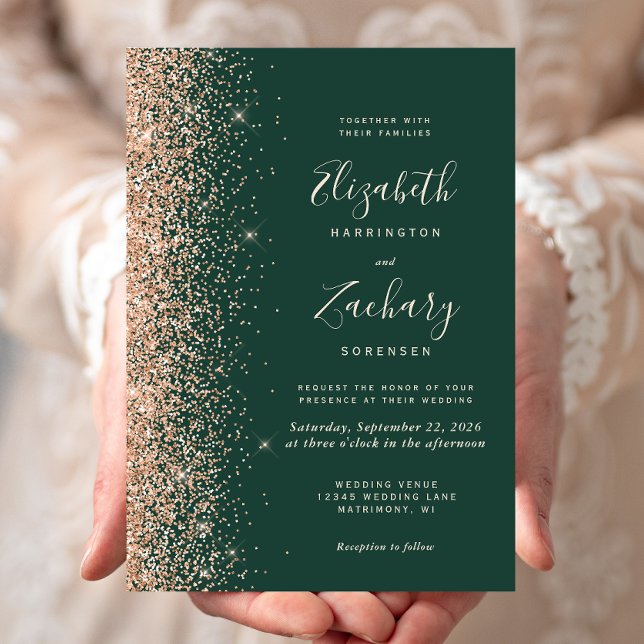 Convites Casamento Verde Esmeralda com Brilho de Pêssego Mo (Criador carregado)