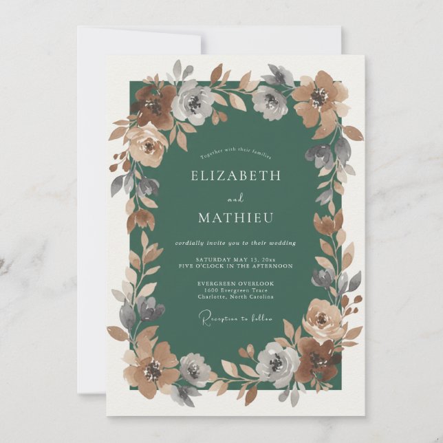Convites Casamento Verde Esmeralda com Folhas Enferrujadas (Frente)