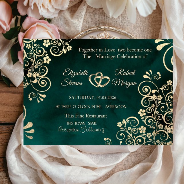 Convites Casamento Verde Esmeralda com Ondulações Douradas (Criador carregado)