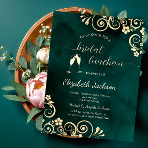 Convites Casamento Verde Esmeralda com Ondulações Douradas