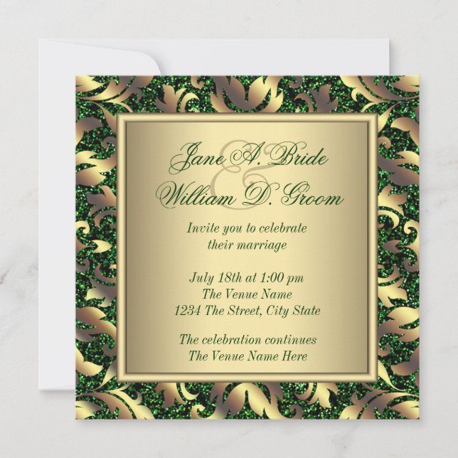 Convites Casamento Verde Esmeralda e Dourado (Frente)