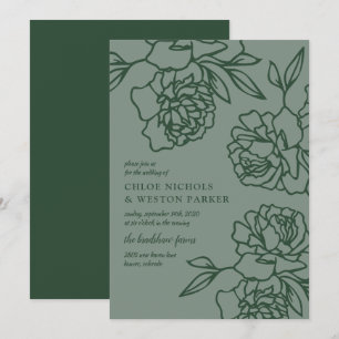 Convites Casamento Verde Esmeralda Moderno das Peonias Lápi