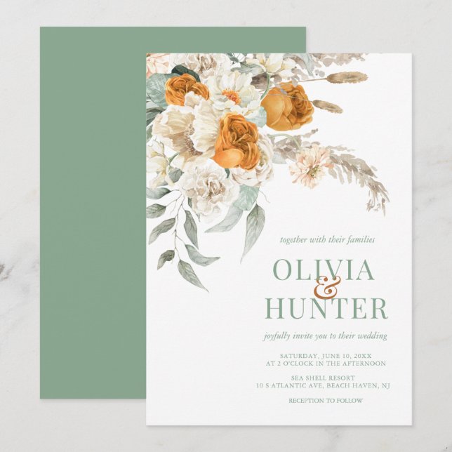 Convites Casamento Verde Floral Bohemian Modern Sage (Frente/Verso)