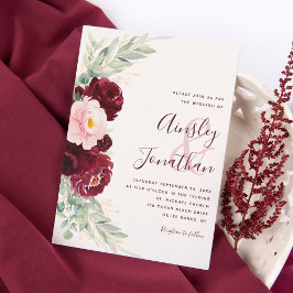 Convites Casamento Verde Floral de Blush Burgundy Moderno