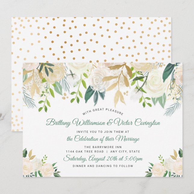 Convites Casamento Verde Floral de Creme Branco Moderno (Frente/Verso)